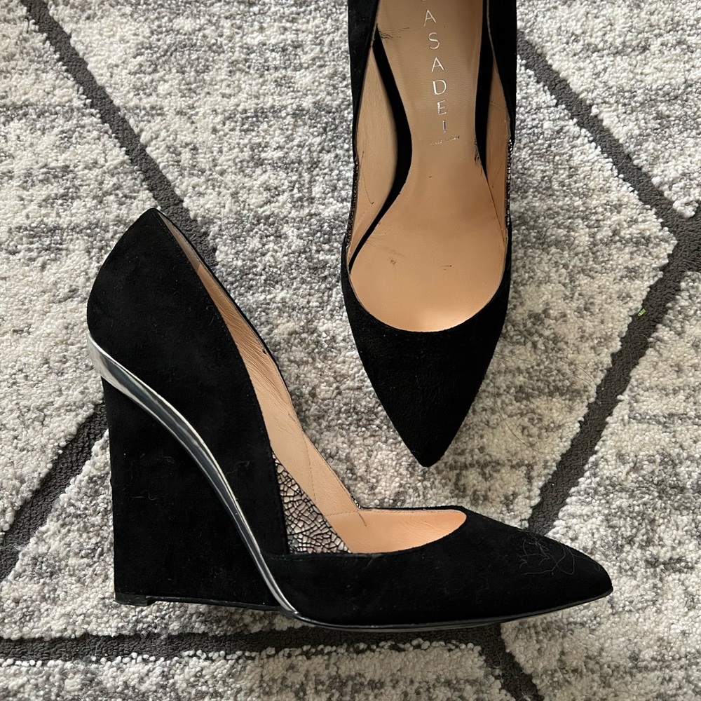Casadei wedge heel suede pumps with silver structured details.